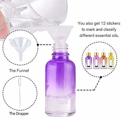 Picture of PrettyCare Eye Dropper Bottles 1oz (Rainbow Colored Glass Bottle 30ml 4 Pack with Golden Caps, 12 Lables & Funnel) Cosmetic Sample Container for Essential Oils, Perfume