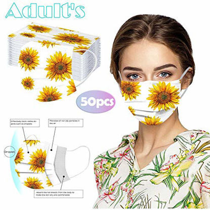 Picture of Cookinty 50pcs Floral Adults Disposable Face_Mask 3 Ply Adjustable Breathable Funny Holiday Face_Mask