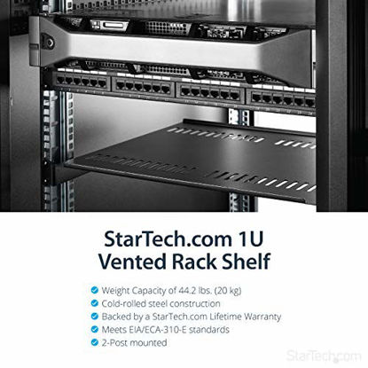 Picture of StarTech.com 1U Vented Server Rack Cabinet Shelf - 16in Deep Fixed Cantilever Tray - Rackmount Shelf for 19" AV/Data/Network Equipment Enclosure with Cage Nuts & Screws - 44lbs capacity (CABSHELF116V)