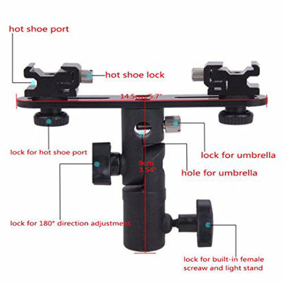 Picture of EXMAX E2 Adjustable Double Flash Bracket Dual Hot Shoe Speedlight Stand Umbrella Holder Light Stand Bracket Mount 1/4" to 3/8'' for Studio Video DSLR Camera