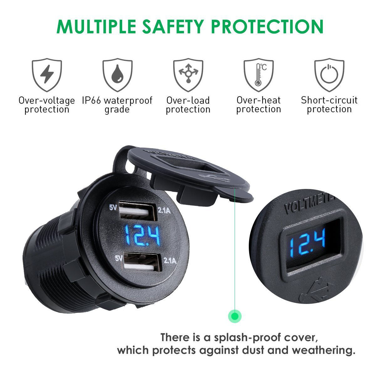 GetUSCart Waterproof Dual USB Charger Socket Power Outlet 2.1A & 2.1A (4.2A) with LED Voltmeter
