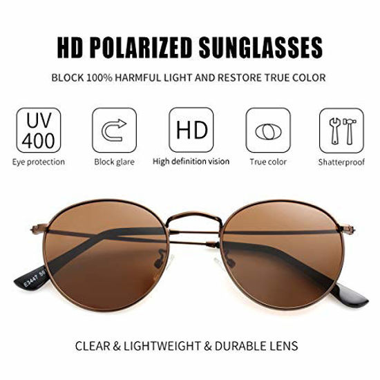 Picture of Small Round Polarized Sunglasses for Men Women Mirrored Lens Classic Circle Sun Glasses (Brown Frame/Brown Lens)