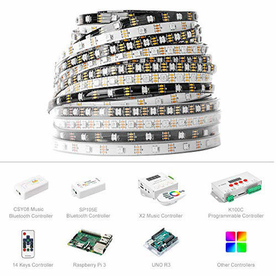 Picture of BTF-LIGHTING WS2812B RGB 5050SMD Individual Addressable 16.4FT 60Pixels/m 300Pixels Flexible White PCB Full Color LED Pixel Strip Dream Color IP65 Waterproof Making LED Screen LED Wall Only DC5V