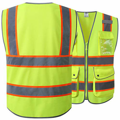Picture of JKSafety 9 Pockets High Visibility Zipper Front Safety Vest Yellow with Dual Tone High Reflective Strips Meets ANSI/ISEA Standards (Yellow Orange Strips,Medium)