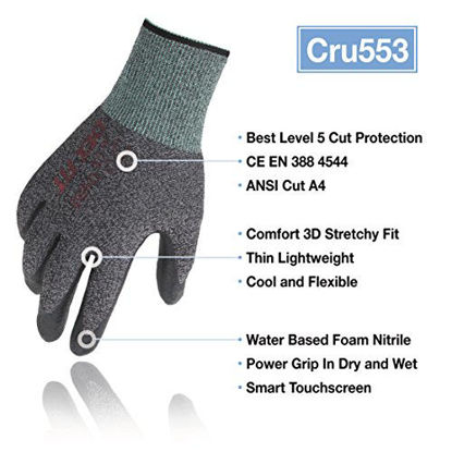 Picture of DEX FIT Level 5 Cut Resistant Gloves Cru553, 3D Comfort Stretch Fit, Power Grip Foam Nitrile, Smart Touch, Durable Thin & Lightweight, Machine Washable, Black Grey X-Large 3 Pairs