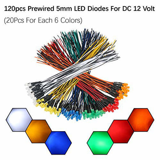 EDGELEC 120pcs 12V LED Lights Emitting Diodes, Pre Wired 7.9 Inch DC 12  Volt 5mm LED (6 Colors x 20pcs) Assorted Kit Diffused Colored Lens- White  Red