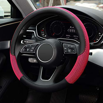 Picture of KAFEEK Steering Wheel Cover, Universal 15 inch, Microfiber Leather Viscose, Breathable, Anti-Slip,Warm in Winter and Cool in Summer, Black&Pink