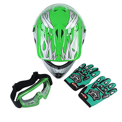 Picture of TCT-MT Helmet+Goggles+Gloves Youth Kids Green Silver Flame Dirt Bike ATV Motocross Offroad Helmet Gloves Goggles Small