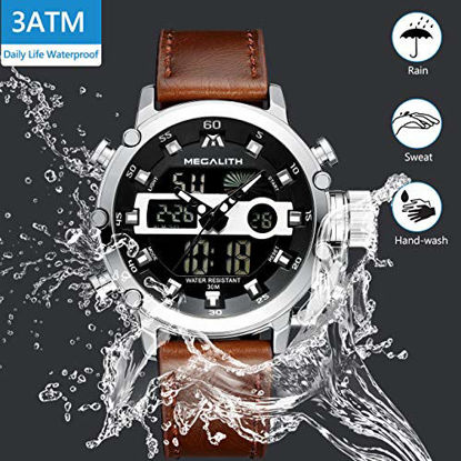 Picture of MEGALITH Mens Watches with Leather Waterproof Digital Military Sport Tactical Multifunction Heavy Duty Led Silver Watch for Men, Alarm Stopwatch