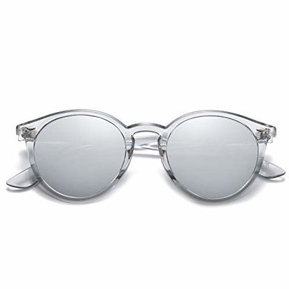 Picture of SOJOS Classic Retro Round Polarized Sunglasses UV400 Mirrored Lens SJ2069 ALL ME with Crystal Grey Frame/Silver Mirrored Lens with Rivets