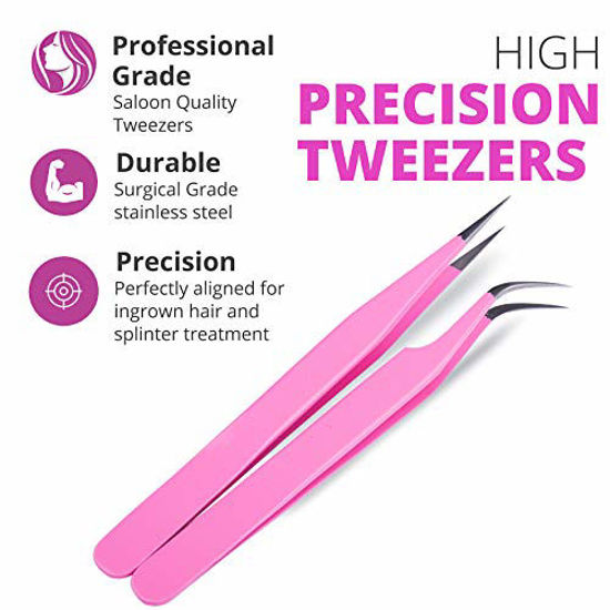 Picture of SIVOTE Lash Tweezers, Pack of 2 Stainless Steel Tweezers for Eyelash Extensions | Straight and Curved Tip | False Lash Application Tools - Pink