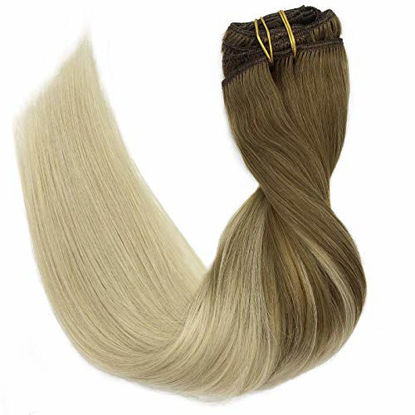 Picture of GOO GOO Hair Extensions Human Hair Clip in Extensions Ombre Ash Brown to Platinum Blonde 120g 7pcs 22 Inch Real Hair Extensions Remy Human Hair Extensions for Women Natural Silky Straight