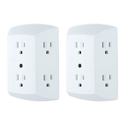 Picture of GE 6 Outlet Wall Plug Adapter Power Strip 2 Pack, Extra Wide Spaced Outlets, Power Adapter, 3 Prong, Multi Outlet Wall Charger, Quick & Easy Install, White, 40222