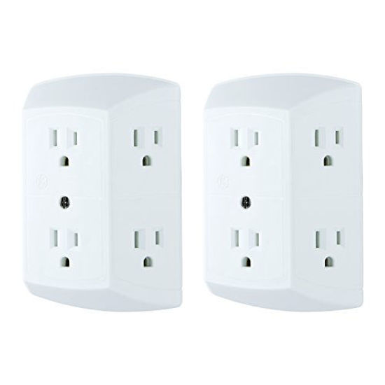 Picture of GE 6 Outlet Wall Plug Adapter Power Strip 2 Pack, Extra Wide Spaced Outlets, Power Adapter, 3 Prong, Multi Outlet Wall Charger, Quick & Easy Install, White, 40222