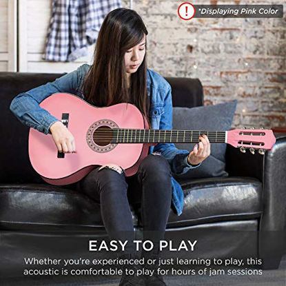Picture of Best Choice Products 38in Beginner All Wood Acoustic Guitar Starter Kit w/Gig Bag, Digital Tuner, 6 Celluloid Picks, Nylon Strings, Capo, Cloth, Strap w/Pick Holder - Pink