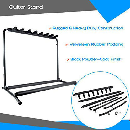 Picture of Pyle Multi Guitar Stand 7 Holder Foldable Universal Display Rack - Portable Black Guitar Holder With No slip Rubber Padding for Classical Acoustic, Electric, Bass Guitar and Guitar Bag / Case - PGST43