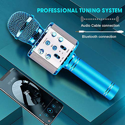 Picture of BlueFire Bluetooth 4 in 1 Karaoke Wireless Microphone with LED Lights, Portable Microphone for Kids, Girls, Boys and Adults (Blue)