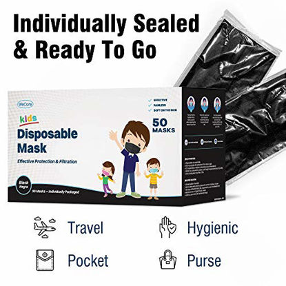 Picture of WeCare Disposable Face Masks For Kids, 50 Black Face Masks, Individually Wrapped