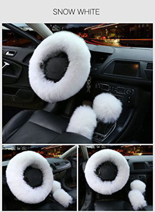 Picture of 3Pcs Set Womens Winter Fashion Wool Fur Soft Furry Steering Wheel Covers White Fluffy Handbrake Cover Gear Shift Cover Fuzz Warm Non-Slip Car Decoration Long Hair