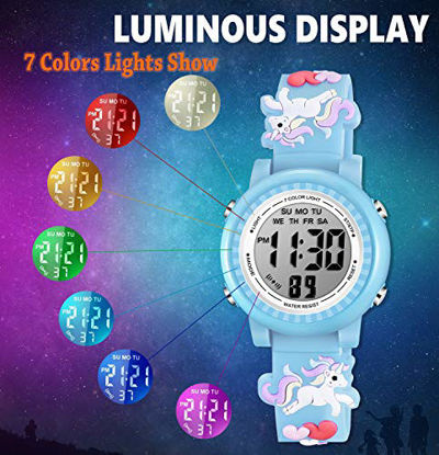 Picture of Venhoo Kids Watches 3D Cartoon Waterproof 7 Color Lights Toddler Wrist Digital Girls Watch with Alarm Stopwatch for 3-10 Year Girls Little Child-Blue