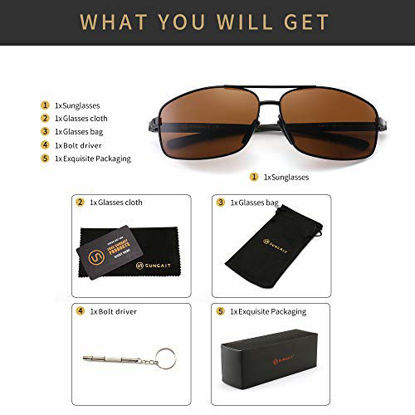 Picture of SUNGAIT Ultra Lightweight Rectangular Polarized Sunglasses UV400 Protection (Black Frame Brown Lens, 62) Metal Frame SGT458 HEKC