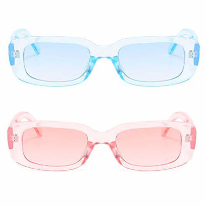 Picture of BUTABY Rectangle Sunglasses for Women Retro Driving Glasses 90s Vintage Fashion Narrow Square Frame UV400 Protection Blue & Pink