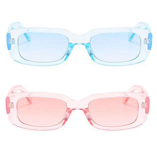 Picture of BUTABY Rectangle Sunglasses for Women Retro Driving Glasses 90s Vintage Fashion Narrow Square Frame UV400 Protection Blue & Pink