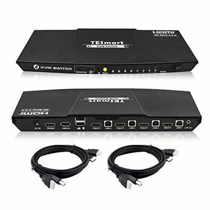 Picture of TESmart 4-Port HDMI KVM Switch with 2 Pcs 5ft KVM Cables 3840x2160@60Hz 4:4:4 UHD Supports L/R Audio Output and USB 2.0 Device Control