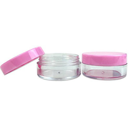 Picture of 40 New empty 10 Gram (0.35 oz) Plastic Pot Jars - BPA FREE Clear Round Acrylic Container for Travel, Cosmetic, Makeup, Bead, Sample, Lip Balm, Candy, Herbs, Eye Shadow 10g/10ml (Pink Lid)