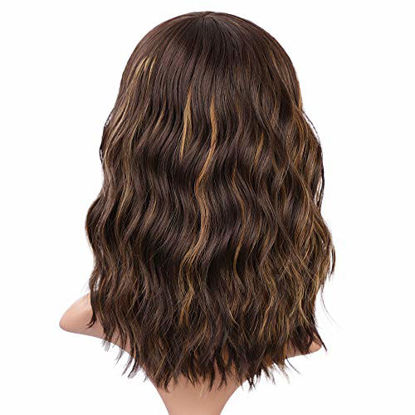 Picture of ENTRANCED STYLES Dark Brown Wigs with Bangs Wavy Bob Wig Brown Highlighted Wigs for Women Daily Party Cosplay Use