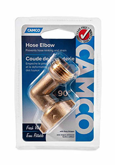 Picture of Camco (22505) 90 Degree Hose Elbow- Eliminates Stress and Strain On RV Water Intake Hose Fittings, Solid Brass