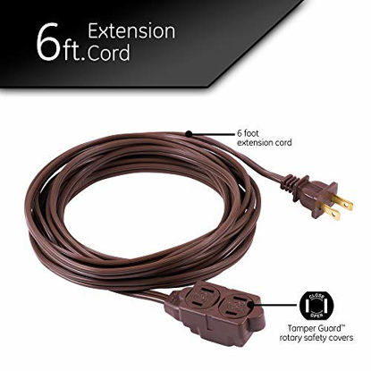 Picture of GE 6 Ft Extension Cord, 3 Power Strip, 2 Prong, 16 Gauge, Twist-to-Close Safety Outlet Covers, Indoor Rated, Perfect for Home, Office or Kitchen, UL Listed, Brown, 51932