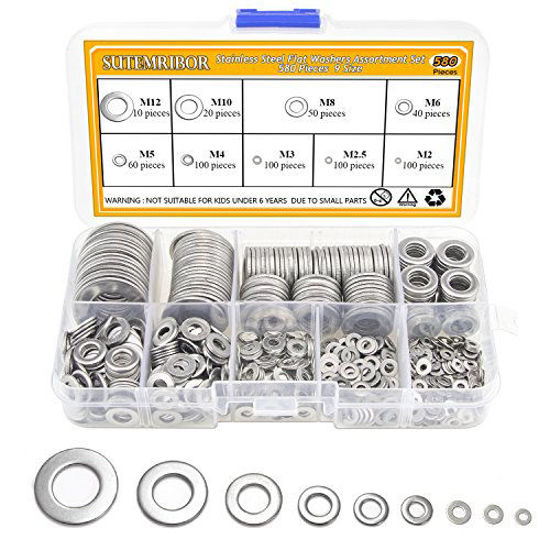 Picture of Sutemribor 304 Stainless Steel Flat Washers Set 580 Pieces, 9 Sizes - M2 M2.5 M3 M4 M5 M6 M8 M10 M12