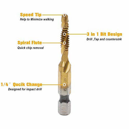 Picture of AUTOTOOLHOME 6 Pack Titanium Combination Drill Tap Bit Set Screw Tapping SAE 6-32NC 8-32NC 10-24NC 10-32NC 12-24NC 1/4-20NC