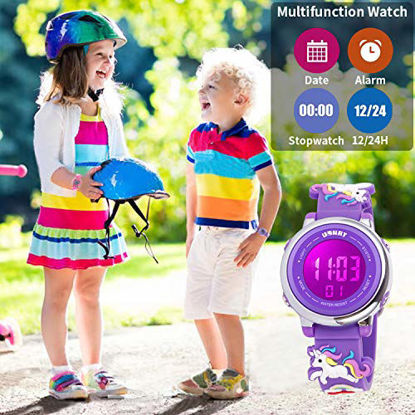 Picture of Kids Watch 3D Cartoon Toddler Wrist Digital Watch Waterproof 7 Color Lights with Alarm Stopwatch for 3-10 Year Boys Girls Little Child Unicorn Purple