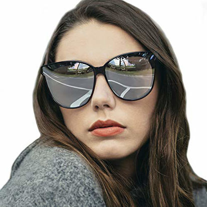 Picture of LVIOE Cat Eyes Sunglasses for Women, Polarized Oversized Fashion Vintage Eyewear for Driving Fishing - 100% UV Protection (Black Frame/Silver Mirrored Lens Cat Eyes Oversized, Silver Mirror)