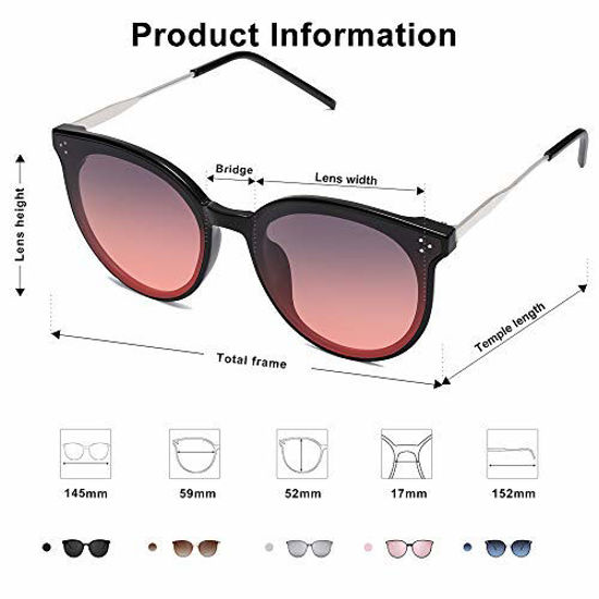 Picture of SOJOS Retro Round Sunglasses for Women Oversized Mirrored Glasses DOLPHIN SJ2068 with Black Frame/Gradient Grey&Red Lens