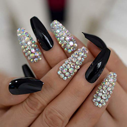 Picture of CoolNail Super Long Glossy Solid Black Ballerina Fake Art Nails AB Rhinestones Gems Decor Coffin Salon False Nails Jelly Sticker Tape