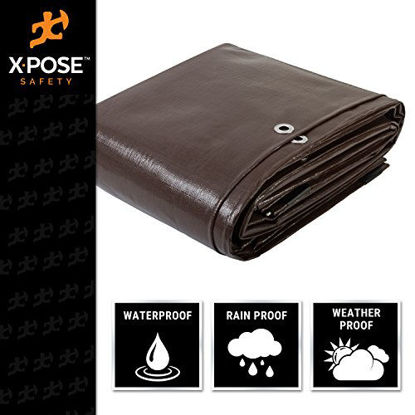 Picture of 6' x 8' Super Heavy Duty 16 Mil Brown Poly Tarp Cover - Thick Waterproof, UV Resistant, Rot, Rip and Tear Proof Tarpaulin with Grommets and Reinforced Edges - by Xpose Safety