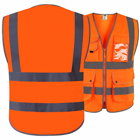 Picture of JKSafety 9 Pockets Class 2 High Visibility Zipper Front Safety Vest With Reflective Strips, Meets ANSI/ISEA Standards (Orange, XX-Large)