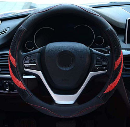 Picture of Alusbell Microfiber Leather Steering Wheel Cover Breathable Auto Car Steering Wheel Cover for Men Large-Size with 15 1/2 inches-16 inches Outer Diameter Red