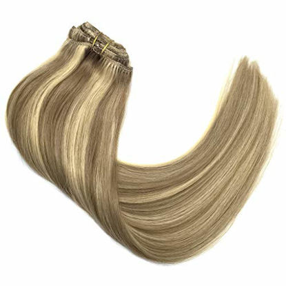 Picture of GOO GOO 22 inch Clip in Human Hair Extensions Ombre Light Blonde Highlighted Golden Blonde Remy Natural Hair Extensions Clip in Straight 120g 7pcs
