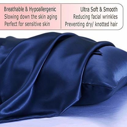 Picture of 100% Pure Mulberry Silk Pillowcase Queen Size 21 Momme 600 Thread Count for Hair and Skin with Hidden Zipper, Hypoallergenic Soft Breathable Both Sides Silk Pillow Case, 20×30inches, Navy Blue