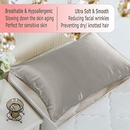Picture of Ravmix 100% Pure Silk Pillowcase Standard Size for Hair and Skin with Hidden Zipper - Both Sides 21 Momme 600TC Hypoallergenic Mulberry Silk, 20×26 inches, 1PCS, Apricot Gray