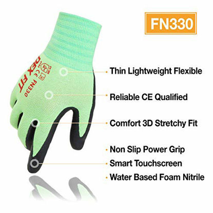 Picture of DEX FIT Nitrile Work Gloves FN330, 3D Comfort Stretch Fit, Power Grip, Smart Touch, Durable Foam Coated, Thin & Lightweight, Machine Washable, Green Large 3 Pairs