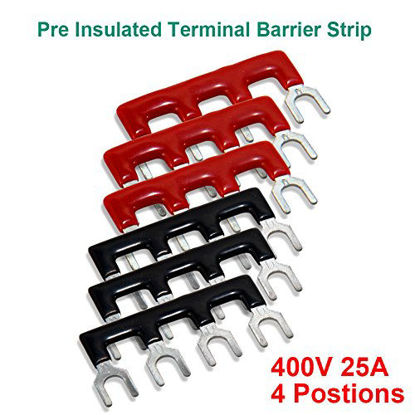 Picture of 12pcs (6 Sets) 4 Positions Dual Row 600V 25A Screw Terminal Strip Blocks with Cover + 400V 25A 4 Positions Pre-Insulated Terminals Barrier Strip Black & Red by MILAPEAK