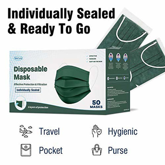 Picture of WeCare Disposable Face Mask Individually Wrapped - 50 Pack, Hunter Green Masks - 3 Ply
