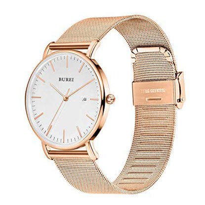 Picture of BUREI Men's Fashion Minimalist Wrist Watch Analog White Date with Rose Gold Stainless Steel Mesh Band (White Rose Gold)