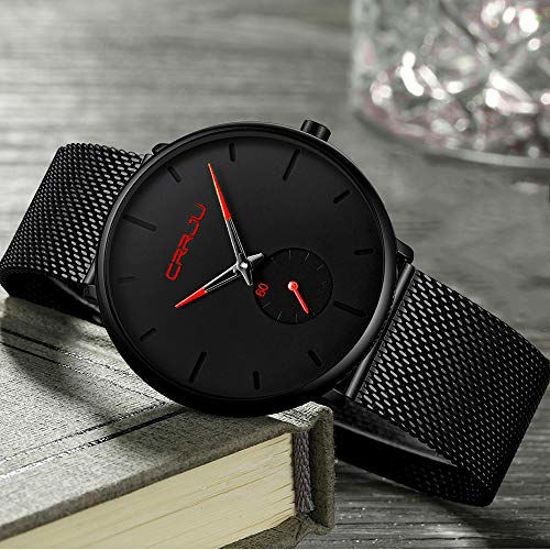 GetUSCart Mens Watches Ultra Thin Minimalist Waterproof Fashion Wrist Watch for Men Unisex Dress with Stainless Steel Mesh Band Red Hands Silver Band