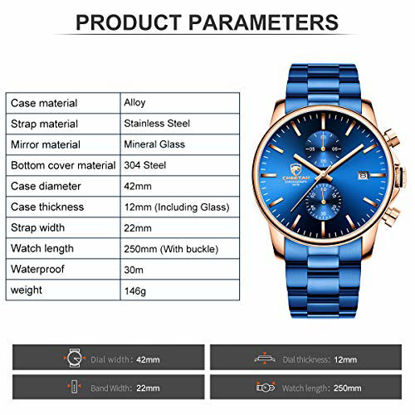 Picture of GOLDEN HOUR Men's Watches with Blue-Plated Stainless Steel and Metal Casual Waterproof Chronograph Quartz Watch, Auto Date in Rose Gold Hands